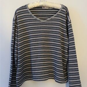 VINTAGE 90s Faded Glory Striped Long Sleeve Ribbed Knit Cropped Boxy V-Neck Top